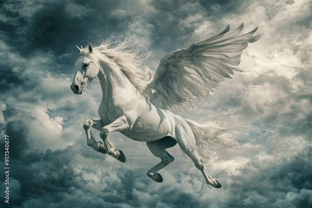 Obraz premium Mythical Pegasus Soars: An Embodiment of Greek Mythology's Heroic Steed, Inspiring Fantasy Art and Storytelling