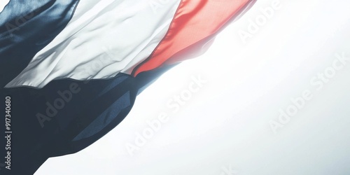 Majestic French Tricolor Flag Soaring on a Pure White Background: A Symbol of National Pride and Unity. photo