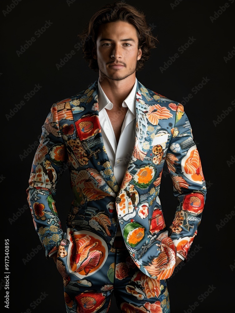 Male model in stylish suit with sushi pattern in style of trendy fashion editorial. Sushi suit. Male model in stylish suit with sushi pattern in style of trendy fashion editorial. Sushi suit.