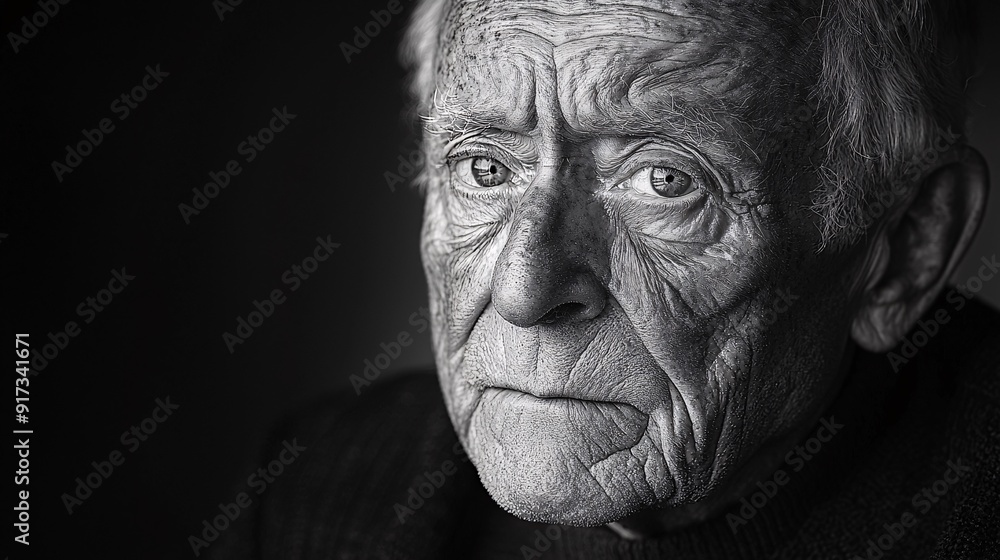 Black and white portrait of an elderly person with deep wrinkles and expressive eyes, set against a simple background Black and white portrait of an elderly person with deep wrinkles and expressive eyes, set against a simple background