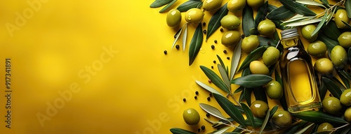 Wallpaper Mural A bottle of olive oil surrounded by green olives and leaves on a yellow background. Perfect for food or beauty product packaging, or for a mediterranean or healthy lifestyle concept. Torontodigital.ca