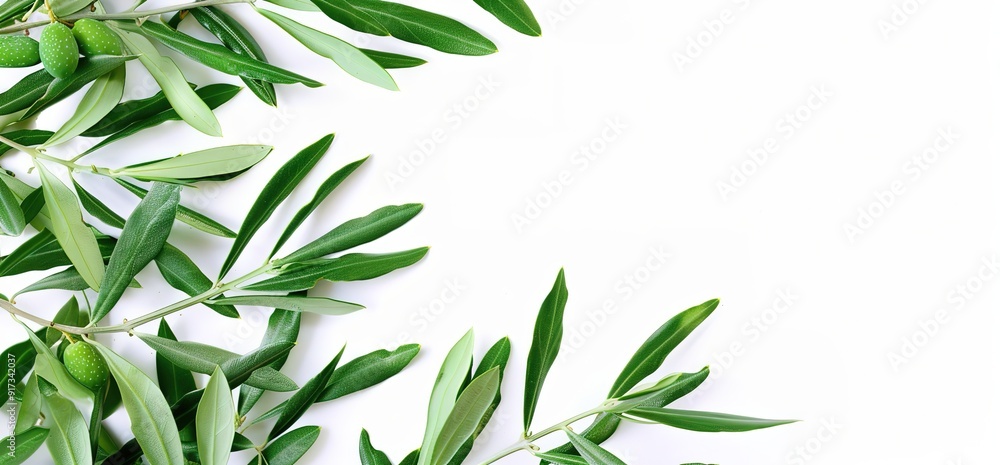 Fresh olive branches with green leaves and olives on a white background. Perfect for creating food or nature themed designs. Fresh olive branches with green leaves and olives on a white background. Perfect for creating food or nature themed designs.