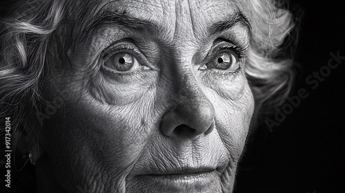 Black and white portrait of an elderly person with deep wrinkles and expressive eyes, set against a simple background