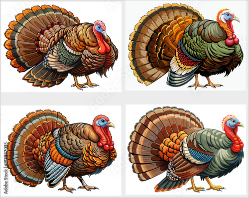 set Realistic vector  clip-art of a real turkey, in colors matching the real thing to print, highly realistic quality in real colors with white background