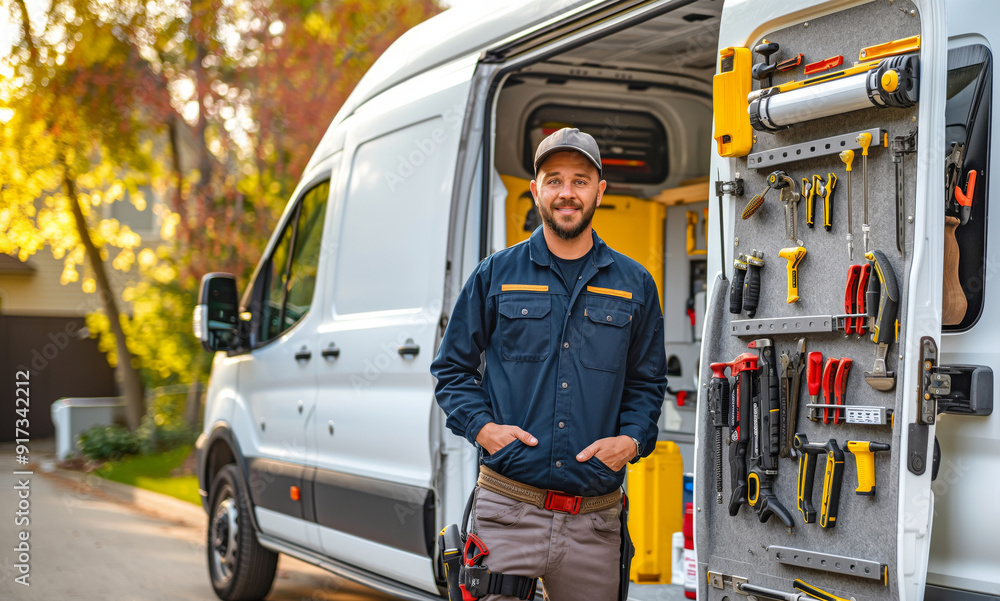 custom made wallpaper toronto digitalA plumber standing next to a fully equipped work van, showcasing the organization and readiness of their tools and equipment.