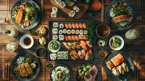 Wallpaper Mural Japanese restaurant dinner table spread in top-down view, array of beautifully plated sushi, sashimi, tempura, surrounded, fresh salads, traditional Japanese food Torontodigital.ca