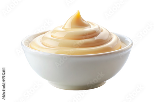 Close-up view of smooth, creamy mayonnaise in a white bowl. Ideal for food styling, condiment presentations, or culinary designs. Isolated on transparent background, png.