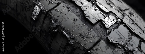 A close up of the inside structure of an old black tire with worn out tire tape, metal plates and small cracks, grayscale, black background, photorealistic, textured surface photo