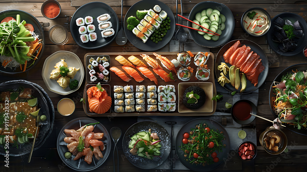 Japanese restaurant dinner table spread in top-down view, array of beautifully plated sushi, sashimi, tempura, surrounded, fresh salads, traditional Japanese food Japanese restaurant dinner table spread in top-down view, array of beautifully plated sushi, sashimi, tempura, surrounded, fresh salads, traditional Japanese food