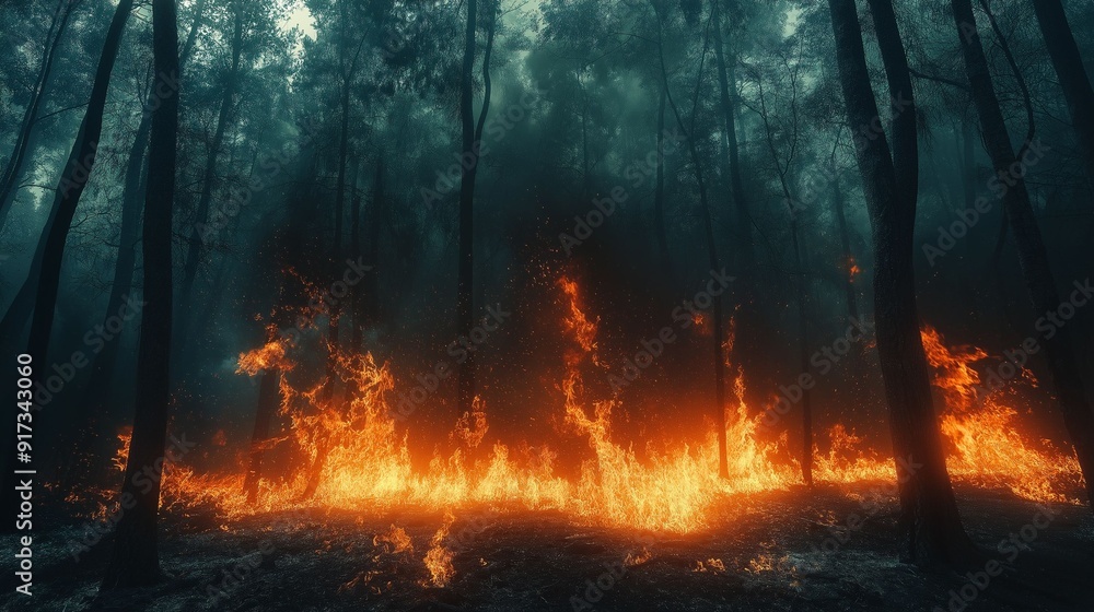 Forest wildfire spreading through dense woodland. Forest wildfire spreading through dense woodland.