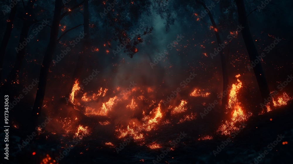 Forest wildfire spreading through dense woodland. Forest wildfire spreading through dense woodland.