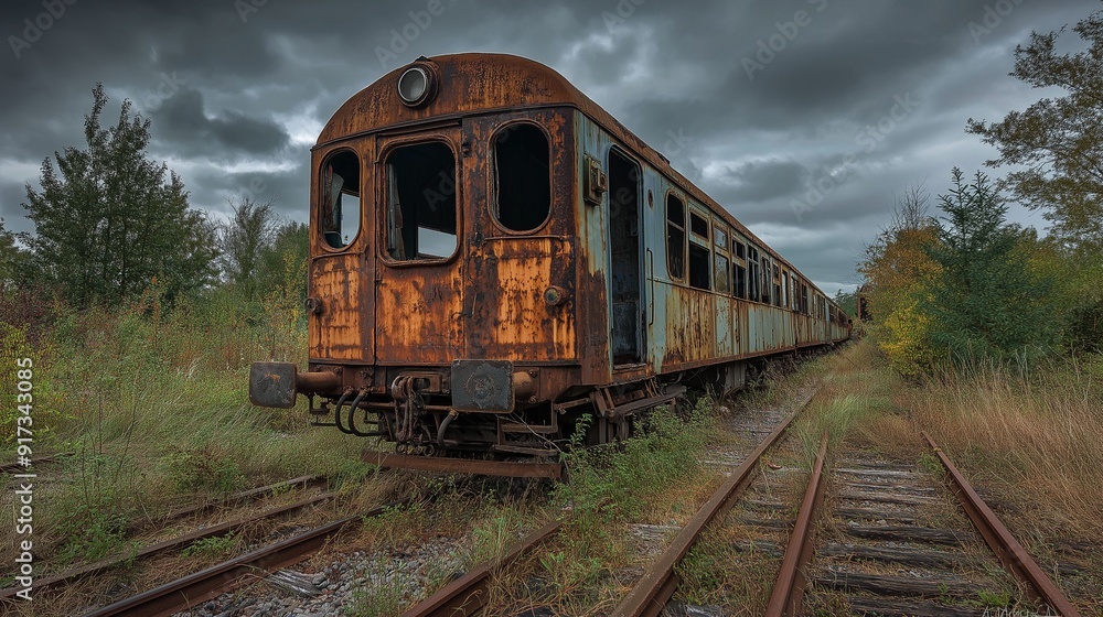 Abandoned rusty train on overgrown tracks. Abandoned rusty train on overgrown tracks.