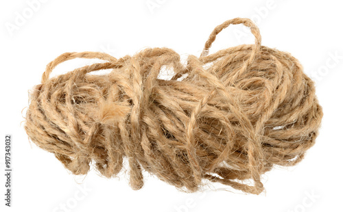 Brown twine rope on a white isolated background, top view. Packing natural