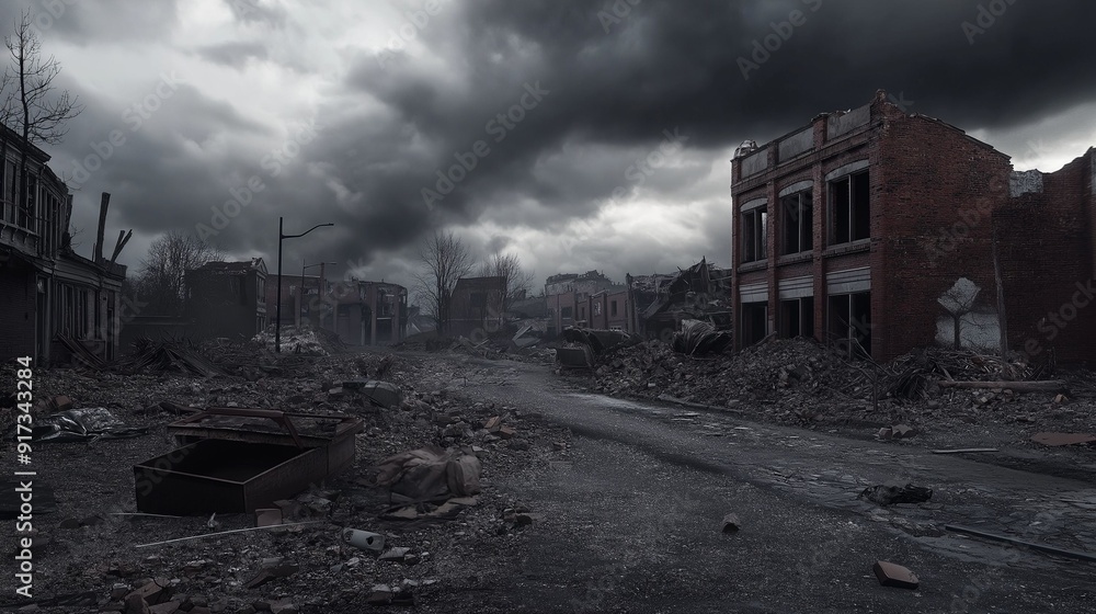 Fototapeta premium Desolate post-apocalyptic cityscape with abandoned buildings.