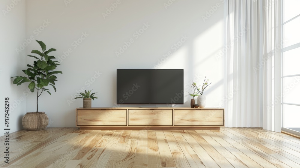 Obraz premium Photo of white wall background, simple living room interior with TV cabinet.