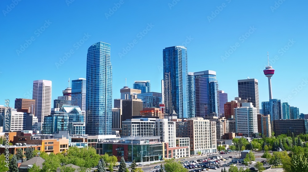 Fototapeta premium Calgary cityscape with modern office buildings against a clear blue sky.