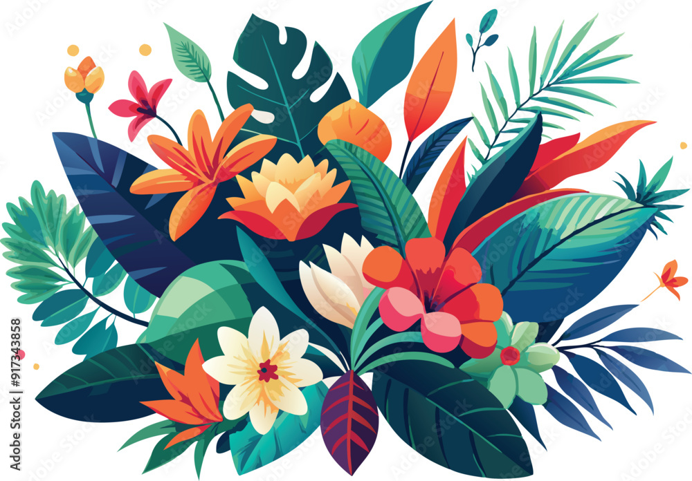 A colorful arrangement of tropical flowers and foliage showcasing vivid hues and natural beauty.