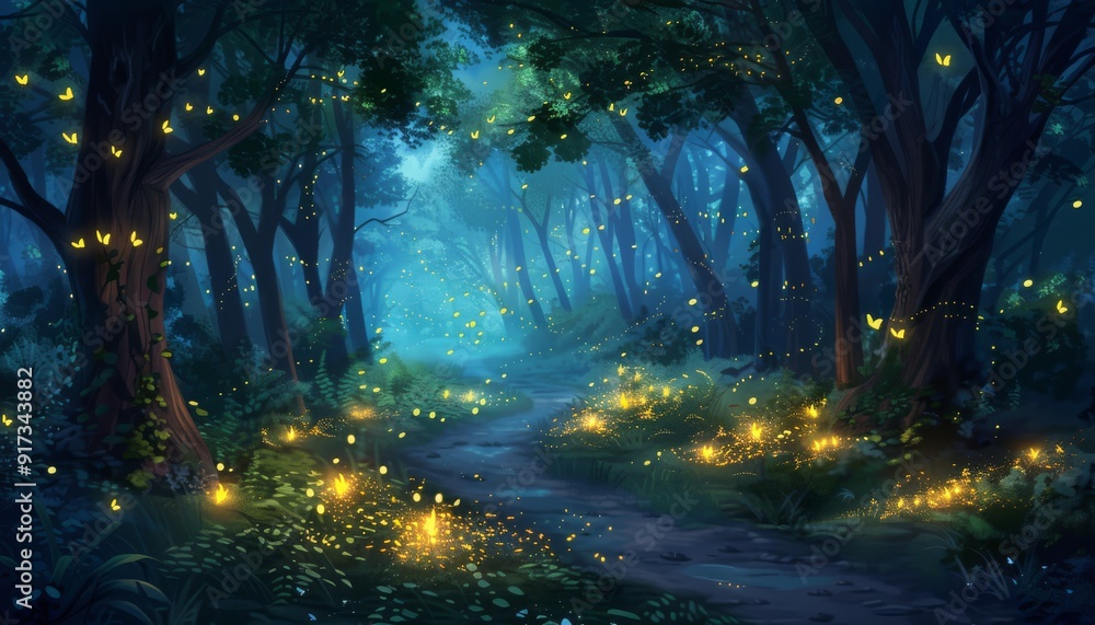 Obraz premium A mystical forest at night, filled with the soft glow of fireflies that illuminate the trees and pathways, creating a captivating and enchanting atmosphere in this magical illustration