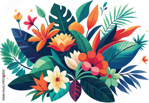Obraz na płótnie A colorful arrangement of tropical flowers and foliage showcasing vivid hues and natural beauty. w salonie