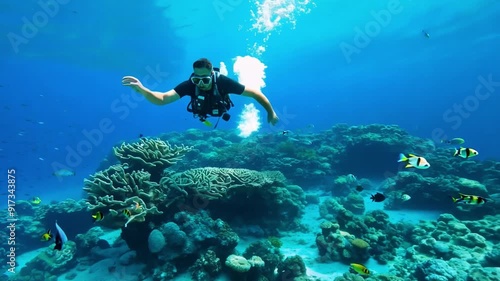 Wallpaper Mural Professional diver exploring coral reef in blue ocean water Torontodigital.ca