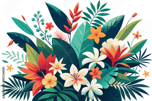 A lively arrangement of tropical flowers surrounded by various shades of green leaves in a decorative display.
