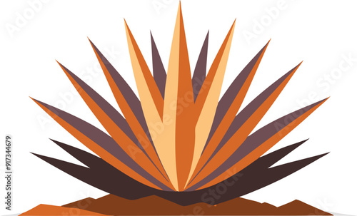 Stylized agave plant with sharp leaves in warm colors, set against sandy soil, showcasing a minimalist design.