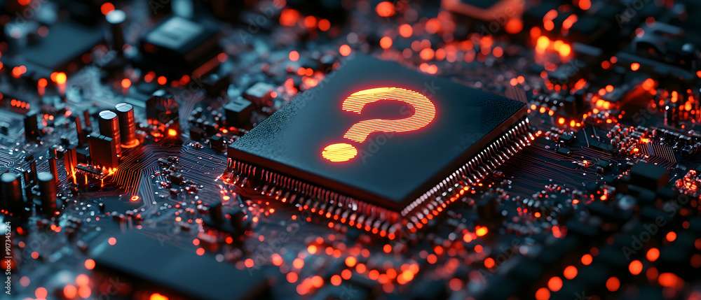 A close-up view of a glowing question mark symbol design, displayed on a microchip design A close-up view of a glowing question mark symbol design, displayed on a microchip design