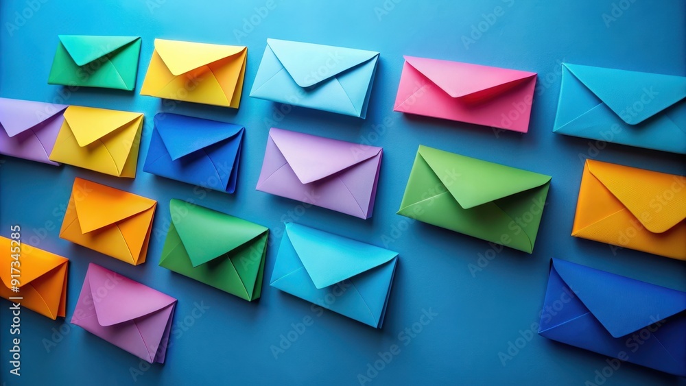 Elegant display of vibrant paper envelopes gracefully floating on a striking blue background , vibrant, elegant Elegant display of vibrant paper envelopes gracefully floating on a striking blue background , vibrant, elegant