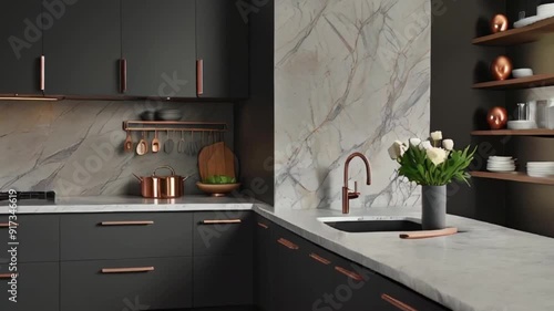 Design a modern kitchen with slate gray cabinets, white quartz countertops, and rose gold