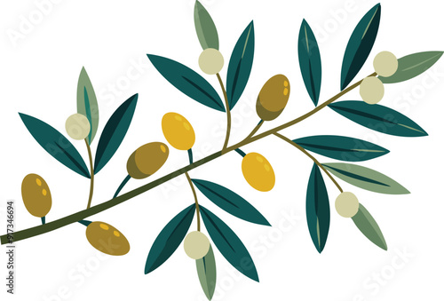 An olive branch featuring green leaves and clusters of ripe olives.