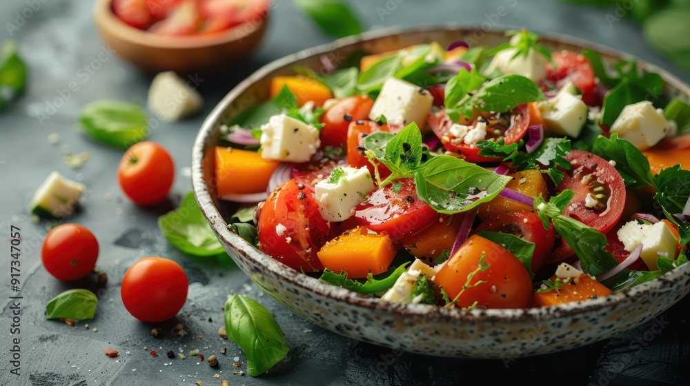 salad with vegetables and cheese on solid colour background salad with vegetables and cheese on solid colour background