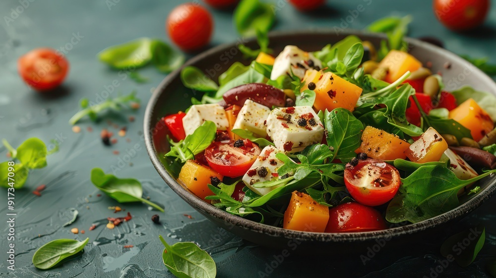 salad with vegetables and cheese on solid colour background salad with vegetables and cheese on solid colour background
