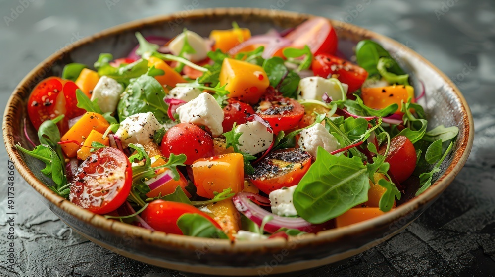 salad with vegetables and cheese on solid colour background salad with vegetables and cheese on solid colour background