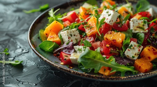 salad with vegetables and cheese on solid colour background