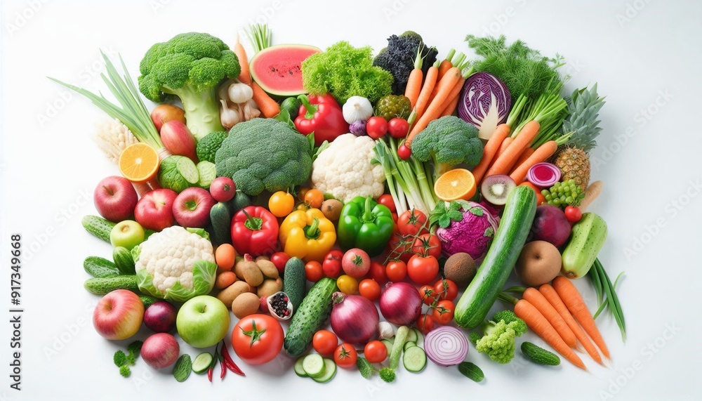 Fresh colorful vegetables and fruits on white background. Fresh colorful vegetables and fruits on white background.