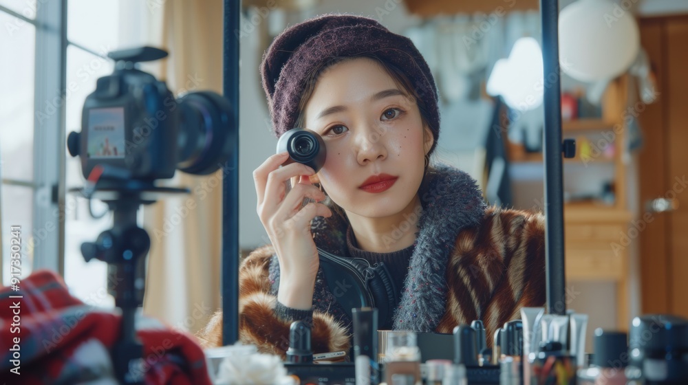Young Asian Makeup Artist, Professional Female Blogger Showing Cosmetic Products with Video Recording, Beauty Influencer, Asian Girl Video, Online Marketing Young Asian Makeup Artist, Professional Female Blogger Showing Cosmetic Products with Video Recording, Beauty Influencer, Asian Girl Video, Online Marketing