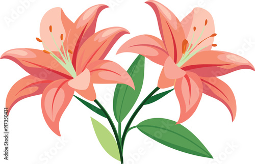 Two vibrant pink lilies bloom with green leaves beside them, showcasing natural beauty.