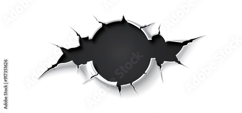 A circular hole in a white surface, resembling a bullet hole or a torn piece of paper. The hole has a black interior and ragged edges. photo