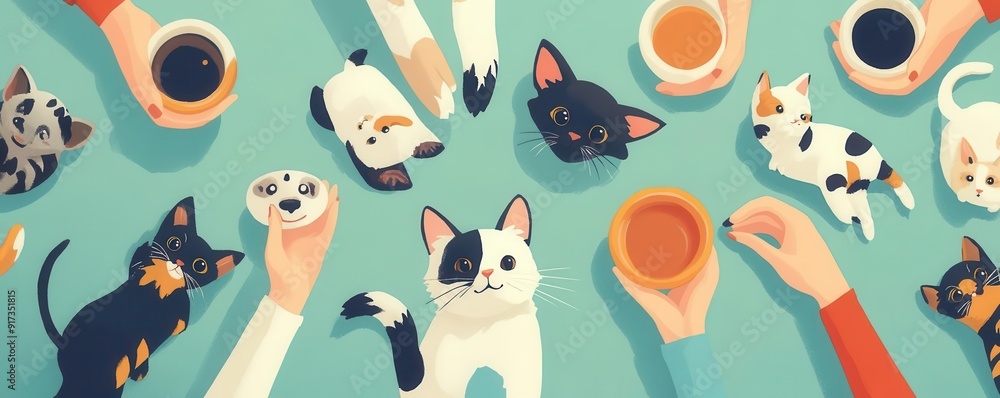 Pet adoption flat design top view shelter cartoon drawing Complementary Color Scheme Pet adoption flat design top view shelter cartoon drawing Complementary Color Scheme