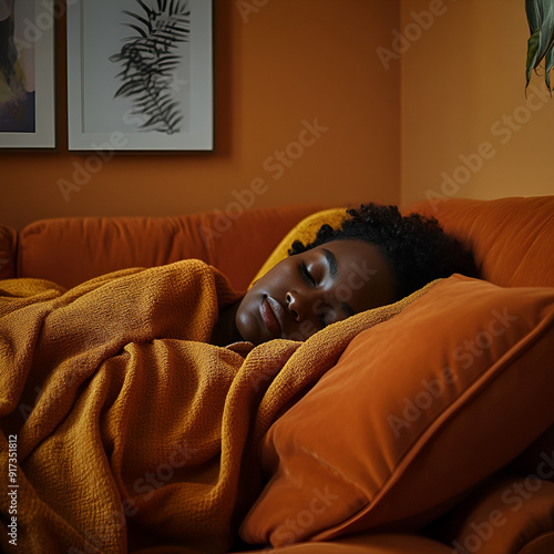 black woman sleeping on the orange sofa, covered with blanket, hyperrealistic photo
