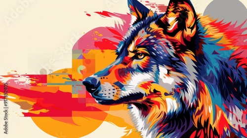 A colorful abstract portrait of a wolf with a vibrant background photo