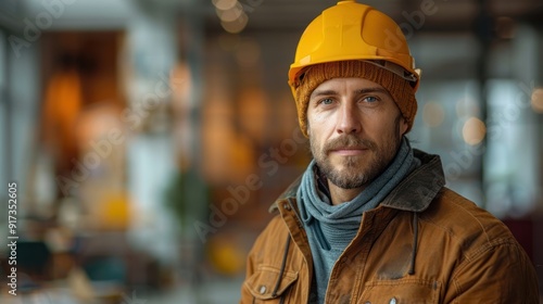 architect portrait on isolated orange background