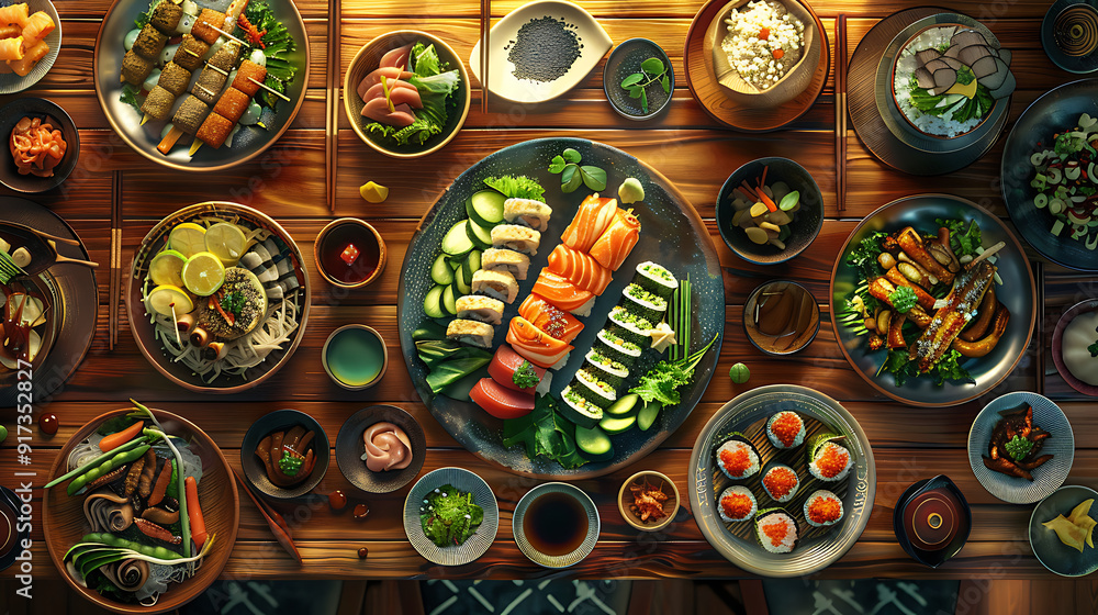 Fototapeta premium Japanese restaurant dinner table spread in top-down view, array of beautifully plated sushi, sashimi, tempura, surrounded, fresh salads, traditional Japanese food