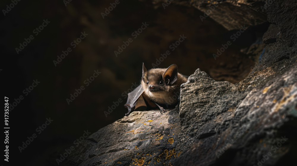 A photograph of a bat perched on a rock, wings folded, detailed view of the bat's face and ears, in a cave with a dark, mysterious background A photograph of a bat perched on a rock, wings folded, detailed view of the bat's face and ears, in a cave with a dark, mysterious background
