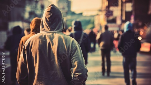 Delinquent in hoodie overlooks city, suggesting urban hooliganism and daytime crime - crime illustration