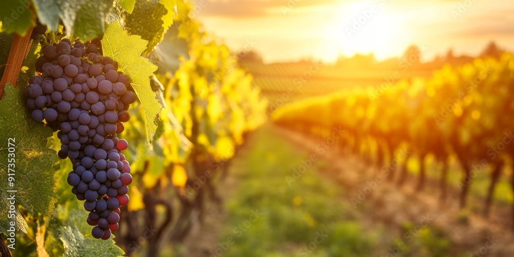 Naklejka premium Vineyard Landscape with Ripe Grapes at Golden Hour