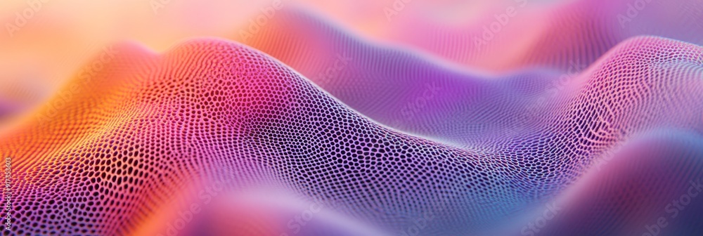 Abstract Wavy Pattern with Colorful Gradient - A digital illustration of a wavy surface with a soft gradient of pink, purple, blue, and orange colors. The surface is made up of a fine mesh pattern tha