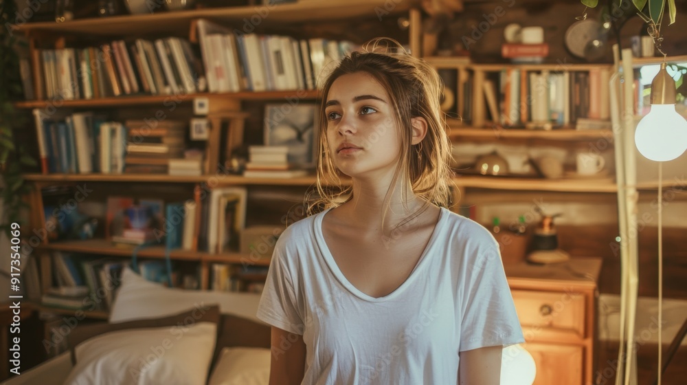 Photo of a young woman near a bookshelf in her bedroom, relaxing. Photo of a young woman near a bookshelf in her bedroom, relaxing.