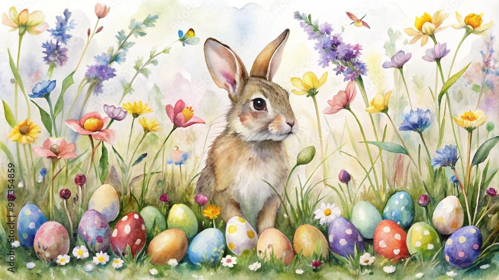 A Symphony of Spring: A Watercolor Wonderland of Painted Eggs and a Curious Rabbit generative AI A Symphony of Spring: A Watercolor Wonderland of Painted Eggs and a Curious Rabbit generative AI