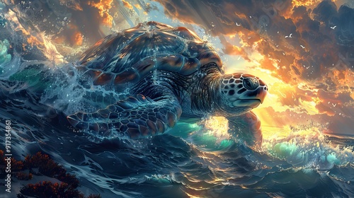 seascape with water turtle photo